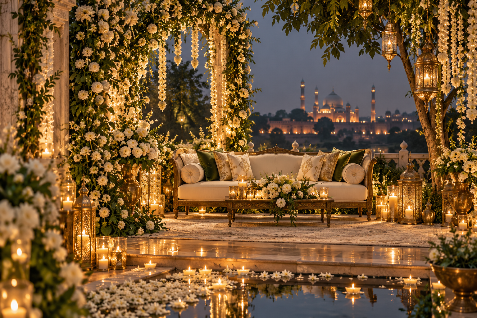 Elegant garden wedding setting with cream flowers and warm golden lanterns